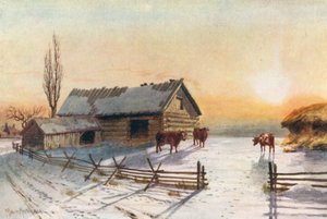 Boerenerf achterland, winter (kleurenlitho)