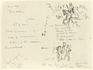 Blad met schetsen: Soldaat te paard en soldaat met sabel die gevangene veroordeelt (recto); Sheet of Sketches (verso)