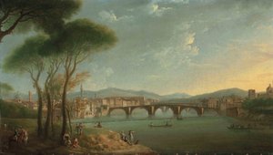 Een uitzicht op de Arno, Florence, vanaf de Cascine-tuinen, met figuren die vissen en rusten op de rotsen op de voorgrond, de Ponte alla Carità en de Ponte Vecchio daarachter