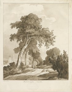 Marchington Church: sepia wash tekening, 1836 door Thomas Peploe Wood