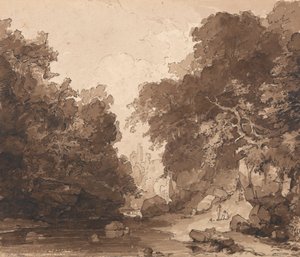 Roslyn Kasteel - een bebost rivierlandschap door Thomas Peploe Wood