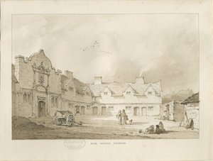 Stafford - Alms Houses: sepia tekening, nd [1837] door Thomas Peploe Wood