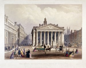 Royal Exchange en de Bank of England aan de linkerkant, Londen, 1851 door Thomas Picken