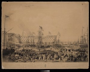 De lancering van de Trafalgar, in aanwezigheid van Hare Majesteit Koningin Victoria en Zijne Koninklijke Hoogheid Prins Albert, bij H.M. Dock Yard, Woolwich