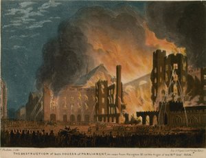 De vernietiging van beide huizen van het parlement gezien vanaf Abingdon Street