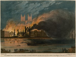 De vernietiging van beide huizen van het parlement gezien vanaf de Surrey-kant