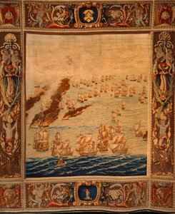Mortlake wandtapijt: Brandschepen in actie, ca. 1685 door Thomas Poyntz
