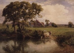Vee dat drinkt bij een boerderij door Thomas Pyne