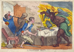 A FRIENDLY VISIT, Satire op Napoleons nederlaag, troonsafstand en terugtrekking naar Elba door Thomas Rowlandson