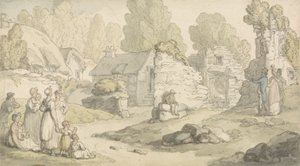 Een Dorpsscène met Figuren en Verwoeste Gebouwen
