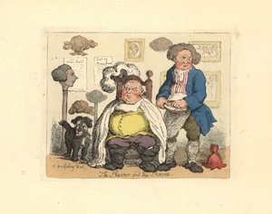 Barbier en klant in een kapperszaak versierd met pruiken door Thomas Rowlandson