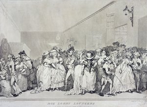 Box Lobby Loungers, geëtst door Rowlandson naar een ontwerp van Henry Wigstead, uitgegeven door John Raphael Smith, 1786