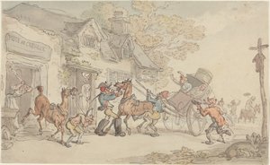 Paarden Wisselen bij een Posthuis in Frankrijk door Thomas Rowlandson