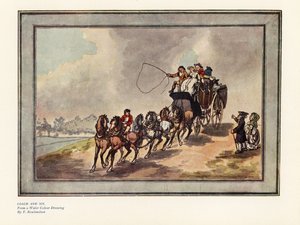 Koets en zes paarden met passagiers en bagage op het dak door Thomas Rowlandson