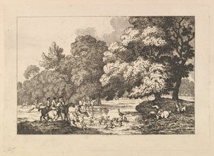 Hertenjacht – Een landschapsscène met een hert en jachthonden in een rivier door Thomas Rowlandson