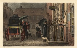 Vertrek: Toeristen laden bagage op een koets voor een hotel in de regen. Handgekleurde kopergravure door Thomas Rowlandson, aquatint door J.C. Stadler, naar een schets van J. Green uit Poetical Sketches of Scarborough, Ackermann, Londen