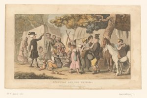 Doctor Syntax in een Romakamp door Thomas Rowlandson