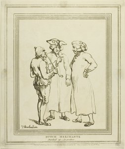 Nederlandse kooplieden geschetst in Amsterdam door Thomas Rowlandson