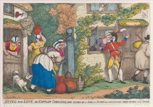 Sterven voor Liefde, of Kapitein Roekeloos, Neergeschoten door een Meisje van Vijftien die Onverwacht Verschijnt door Thomas Rowlandson
