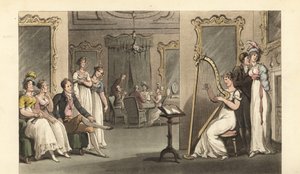 Engelse heer en dames luisteren naar een harpist op een bal door Thomas Rowlandson