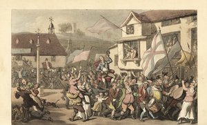 Engelse heer gedragen in een draagstoel voor een verkiezing