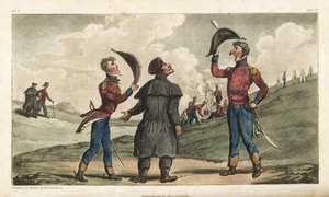 Vaandrig Johnny Newcome voorgesteld aan de Kolonel van zijn regiment voor de Slag bij Salamanca. Handgekleurde kopergravure getekend en geëtst door Thomas Rowlandson uit Kolonel David Roberts