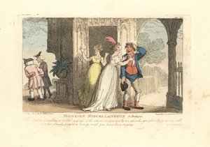 Modieuze vrouw die een mondeling bericht via een nar stuurt door Thomas Rowlandson