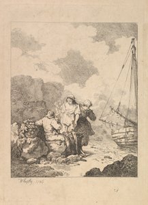 Vissers aan de kust - Kustscène met een man zittend op rotsen en een pijp rokend, 1786 door Thomas Rowlandson