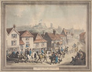Vossenjacht [set van vier]:  4. Terugkeer van de jacht. / Taferel in Eaton door Thomas Rowlandson