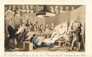 Georgische kunstenaars waaronder Benjamin West, Thomas Lawrence, Benjamin Haydon, Joseph Farrington, Richard Westall en Martin Archer Shee tekenen een naaktmodel, terwijl klassieke bustes neerkijken. Royal Academicians of Genius reflecting on the true line door Thomas Rowlandson
