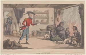 Zijn kwartier binnengaan, uit De militaire avonturen van Johnny Newcome door Thomas Rowlandson