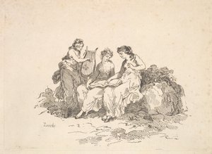 Harmonie - Twee nimfen zingen, een andere speelt een lier door Thomas Rowlandson