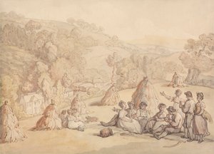 Oogsters die Rusten in een Korenveld door Thomas Rowlandson