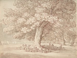 Kudde herten onder een eik, 1775-1827 door Thomas Rowlandson
