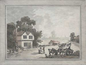 Paarden en karren op een landweggetje door Thomas Rowlandson