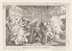 Hostess giet een pan bloed in het gezicht van dominee Andrews, uit The Adventures of..., 1792 door Thomas Rowlandson