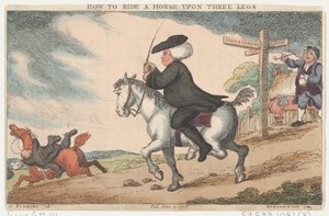 Hoe een paard op drie benen te berijden, 11 juni 1808 door Thomas Rowlandson