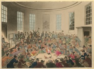 Illustratie van een menigte die naar een hanengevecht kijkt door Thomas Rowlandson