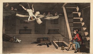 Johnny valt uit zijn hangmat in zijn hut. Handgekleurde kopergravure door W. Read naar een illustratie van Thomas Rowlandson uit Alfred Burton