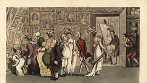 Johnny in dienst bij de portretschilder Carmine in zijn galerie. Wanneer hij alleen is, bekladdert Johnny de portretten met krijt en veroorzaakt een opschudding. Handgekleurde kopergravure door Thomas Rowlandson uit William Combe