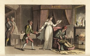 Johnny in dienst van de vrek John Squeeze en zijn voorzichtige nicht Amelia Squeeze. Johnny brengt een glas medicijn voor de stervende oude man. Handgekleurde kopergravure door Thomas Rowlandson uit William Combe
