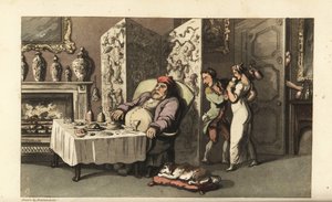 Johnny geeft het dienstmeisje Molly een glas wijn in de salon terwijl Sir Jeffery Gourmand aan de eettafel slaapt. Bijna betrapt door een andere bediende bij de deur. Handgekleurde kopergravure door Thomas Rowlandson uit William Combe