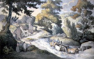 Landschap met vee dat een stroom doorwaadt