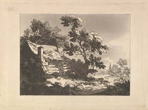 Landschap met Huisje tussen Bomen aan de Linkerkant, en een Verre Kerkspits aan de Rechterkant door Thomas Rowlandson