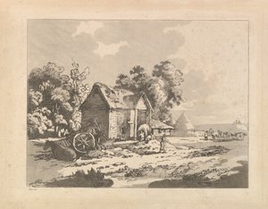 Landschap met figuren die hooi opslaan in een schuur, een kar en paard liggen links, 1783-84