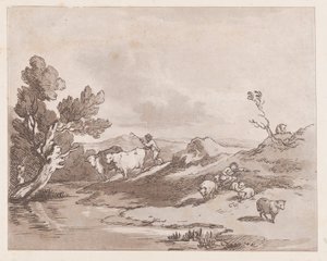 Landschap met een figuur die vee naar water drijft