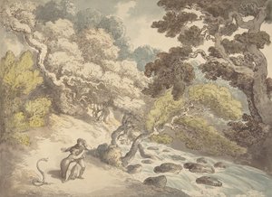 Landschap met stromende beek en een stel aan de oever, geschrokken door een slang, 1775-1827 door Thomas Rowlandson