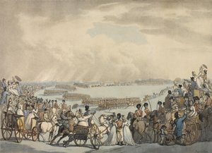 Lichte Paardvrijwilligers van Londen en Westminster, Bevelhebber Kolonel Herries, Beoordeeld door Zijne Majesteit op Wimbledon Common, 5 juli 1798 door Thomas Rowlandson