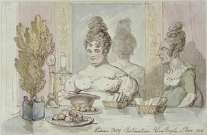 Mevrouw Véry, restauranthoudster. Palais Royal in Parijs door Thomas Rowlandson