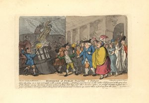 Man en dames zoeken naar een koets in een menigte in de regen door Thomas Rowlandson